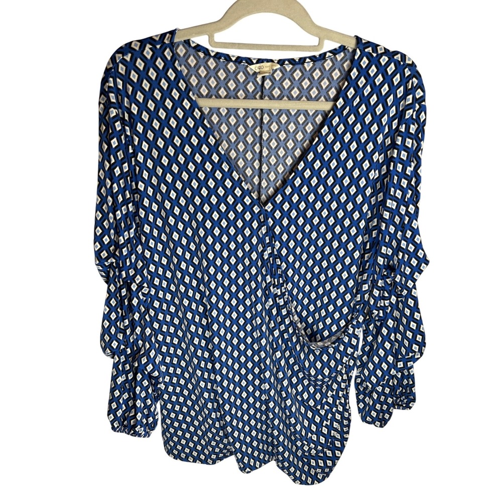 Cato 22W‎ 24W Blue Diamond Print V Neck Ruched Sleeve Snap Wrap Top Plus Size